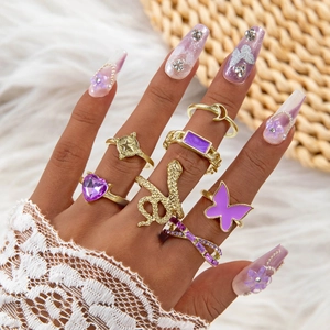 Bagues Papillon Serpent Coeur Pour Femmes Alliage De Zinc Strass Émail Violet À Jour Lune Étoile Bijoux