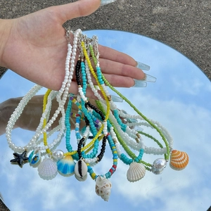 Collier Perles Colorées Bohème Pendentif Étoile De Mer Coquillage Style Plage Océan Bijoux Pour Femmes Fait Main Rétro Résine Alliage