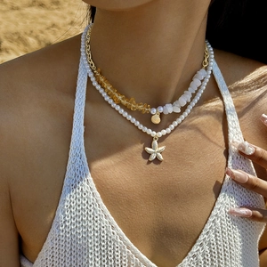 Collana A Strati Boemia Lega Placcata Oro Pendente Stella Marina Conchiglia Künstliche Perle Imitazione Ghiaia Spiaggia Gioielli Donna