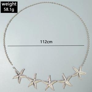 Detail of silver starfish waist chain pendants with lifelike texture, 112cm total length