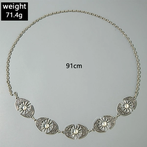 Detail of silver starfish waist chain showing 91cm length and 71.4g weight specifications