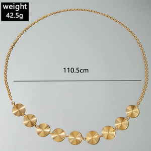 Detail of 110.5cm gold ocean style waist chain with circular metal plates and lobster clasp