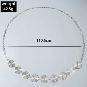 Detail of silver starfish waist chain showing 110.5cm length and round spiral charms