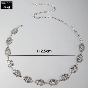 Detail of silver starfish waist chain showing 112.5cm length and 96.7g weight