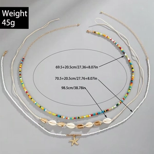 Detail of bohemian waist chain set with colorful beads, starfish pendant and shell texture