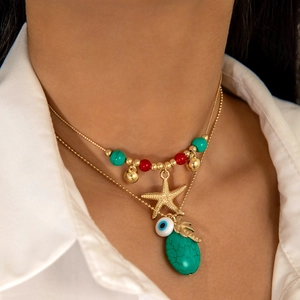 Bohemian Mehrlagige Anhänger Halskette Legierung Seestern Böser Blick Synthetische Türkis Perlen Strand Stil Vintage Schmuck Damen