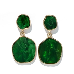 Minimalist green marble drop earrings with gold irregular geometric alloy frames