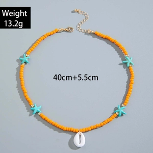 Bohemian orange beaded necklace with blue sea stars, shell pendant, 40cm plus 5.5cm chain