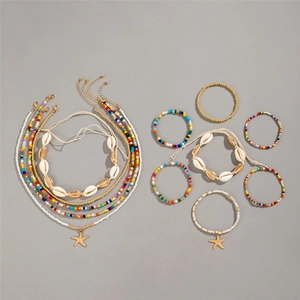 Bohemian beach shell and starfish beaded jewelry set with colorful necklaces and bracelets