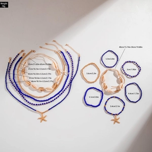 Detailed view of bohemian shell and starfish necklaces with precise size measurements