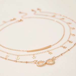 Three-layer gold anklet set with star charms and infinity symbol with white rhinestones