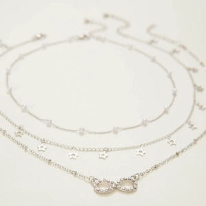 Close-up of triple-layered silver necklace with stars, pearls, and infinity diamond pendant