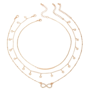 Three-piece rose gold layered necklace set with star charms and infinity crystal pendant