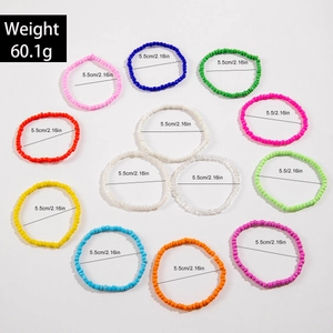 Detail of 12-piece colorful beaded elastic bracelets set with 5.5cm diameter and 60g weight