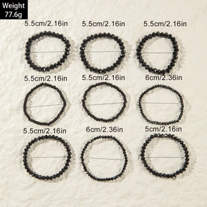 Detailed 3x3 layout of 9-piece Bohemian black beaded bracelets with size and weight info