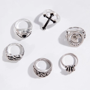 Vintage 6-piece gothic punk ring set with cross eagle and skull elements in silver finish
