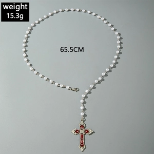 Detail of 65.5cm beaded tassel necklace with a red cross pendant weighing 15.3g