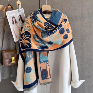 Sciarpa Da Donna Invernale Calda In Finto Cashmere Grande Scialle Con Nappine Stampa Botanica Geometrica Jacquard Elegante