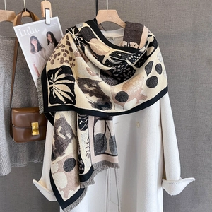 Elegante sciarpa invernale calda in finto cashmere con stampe tropicali e frange