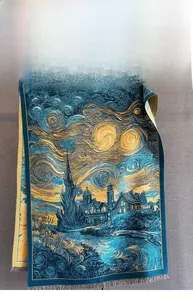 Détail d'une écharpe imprimée peinture à l'huile Nuit Étoilée avec fines franges