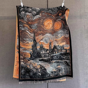 Détail de l'écharpe style peinture à l'huile avec jacquard Nuit Étoilée et franges