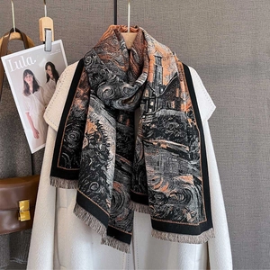 Écharpe artistique imprimé peinture à l'huile avec franges sur manteau blanc chic