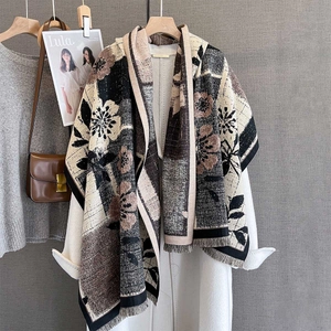 Women Vintage Floral Plaid Print Scarf Shawl Warm Thick Faux Cashmere Pashmina With Tassel Autumn Winter Wrap