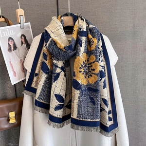 Floral plaid cashmere feel scarf with fringe tassel, navy and yellow autumn pashmina wrap