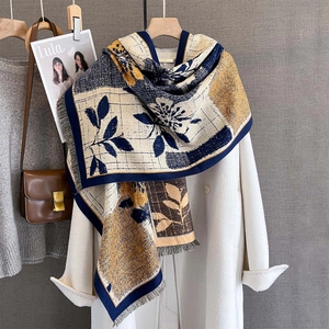 Plaid and floral cashmere-feel scarf with fringe, elegant navy and yellow shawl