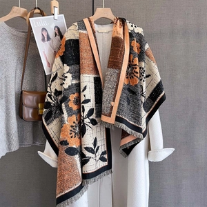 Artistic retro floral knit shawl with orange block patchwork and elegant fringe