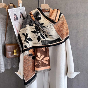 Detail view of floral patterned autumn scarf paired with a wool coat and leather handbag