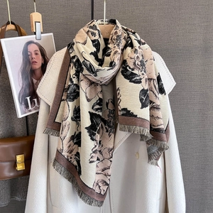 Elegant beige cashmere-like shawl with rose floral print and fringe for women