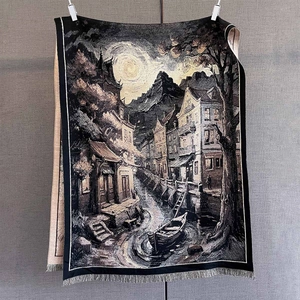 Detail of oil painting style printed scarf with vintage European river town and fringe