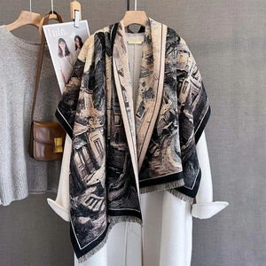 Vintage oil painting style cashmere scarf with retro town print and black fringe edges
