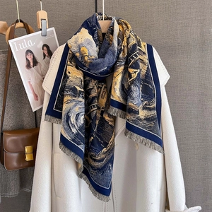 Retro oil painting style cashmere-feel thick scarf with tassels on white coat