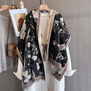 Winter faux cashmere floral knit shawl with tassels and vintage black beige print