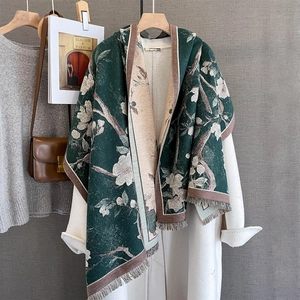 Deep green and beige cashmere scarf with magnolia floral pattern and fringe tassels