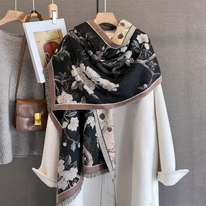 Women Vintage Floral Print Scarf Shawl Imitation Cashmere Thick Warm Winter Autumn Accessory With Tassels