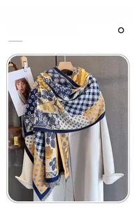 Detail of navy and yellow floral plaid cashmere scarf draped on white coat