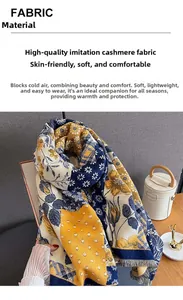 Detail of soft cashmere-like scarf fabric featuring floral patterns and fringe edges