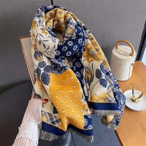 Thick autumn floral and geometric plaid patchwork scarf with elegant long tassels