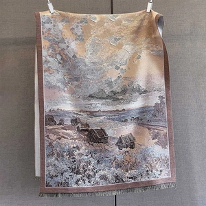 Detailed texture of oil painting printed shawl with elegant tassels and woven fabric