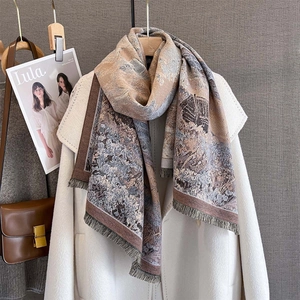 Vintage oil painting style jacquard pashmina scarf with fringe for autumn and winter wear