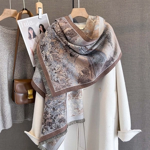 Vintage Oil Painting Print Scarf For Women Thick Warm Imitation Cashmere Shawl With Tassels Artistic Pastoral Landscape Winter Scarf