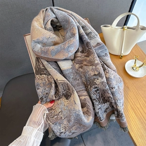 Thick autumn oil painting print pashmina shawl with fringes for elegant winter warmth