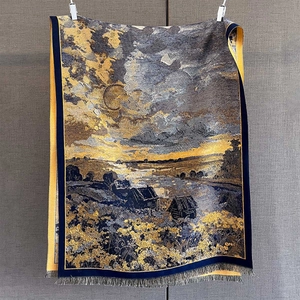 Detail of oil painting style landscape print on cozy scarf with fringed edges