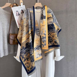 Thick vintage oil painting print scarf with fringes on a white coat background