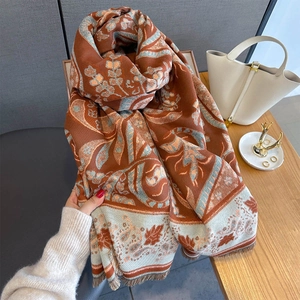 Bohemian paisley patterned cashmere-like tassel scarf in terracotta and blue tones
