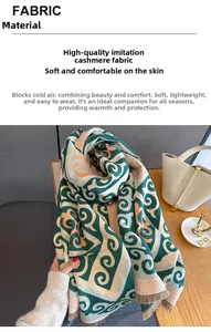 Detail of soft geometric patterned scarf fabric showing green and beige cashmere texture