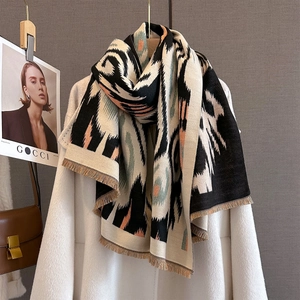 Thick warm cashmere-feel shawl with geometric color blocks and fringe for women